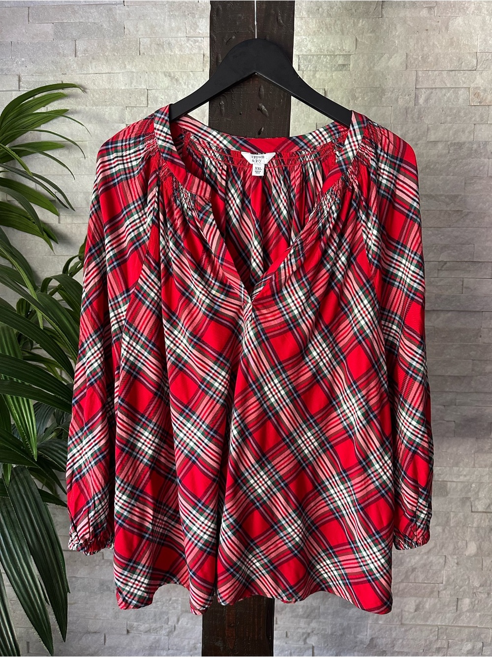 Crown & Ivy Red Plaid Holiday Christmas Blouse Size XXL